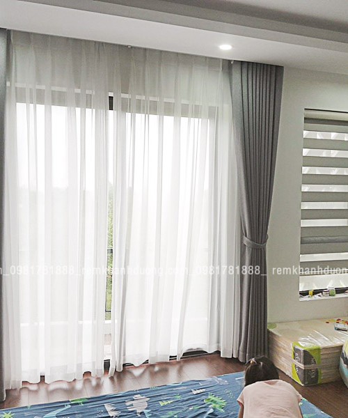 Rèm vải 2 lớp phòng ngủ màu ghi đẹp tại Hoài Đức Hà Nội