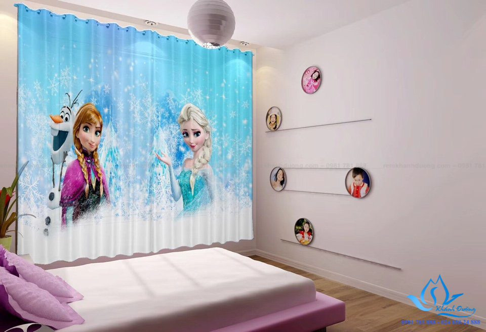 Mẫu rèm vải in tranh 3D hình nữ hoàng băng giá cho phòng ngủ trẻ em