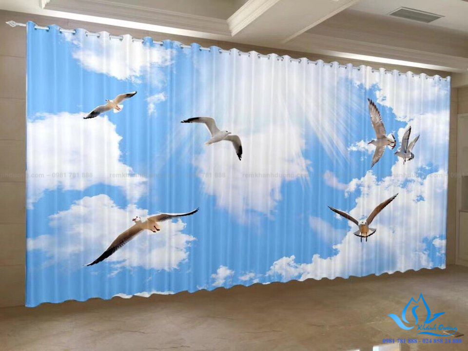 Giới thiệu mẫu rèm vải in tranh 3D hình bầu trời và đàn chim tung cánh bay