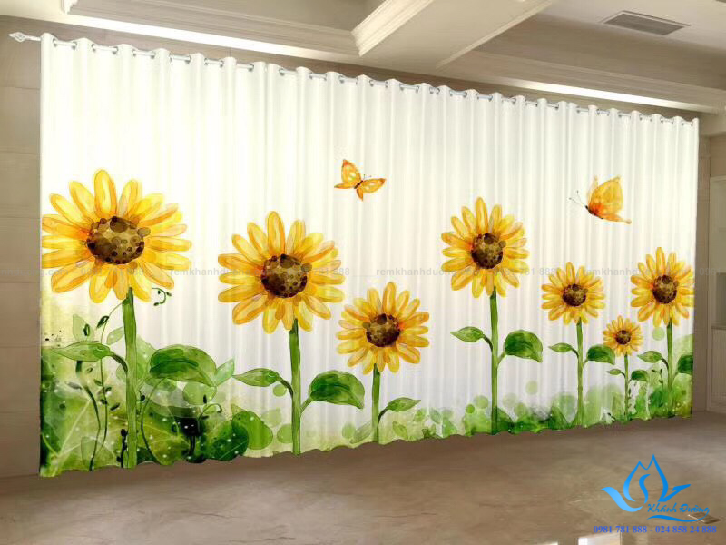 Mẫu rèm vải 3D họa tiết hoa hướng dương trong nắng ấn tượng