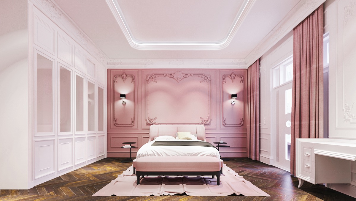 Rèm cửa cùng tone màu tường hồng đẹp