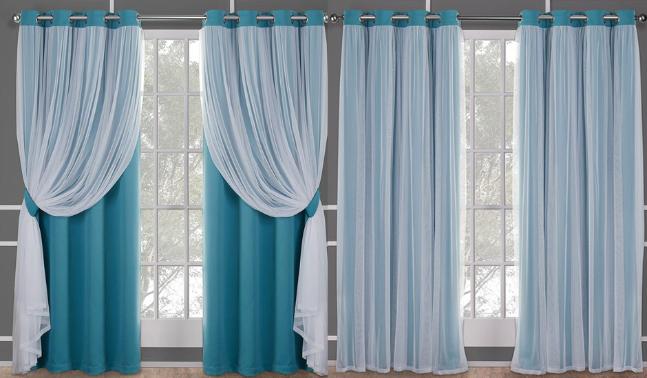 Rèm cửa màu xanh dương được sử dụng cho phòng khách