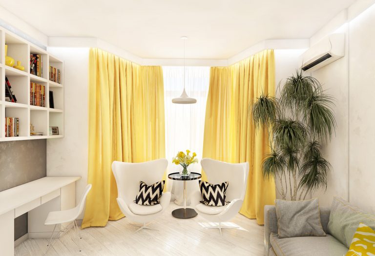 Rèm màu vàng kết hợp với tường màu trắng tạo cảm giác rộng rãi cho căn phòng