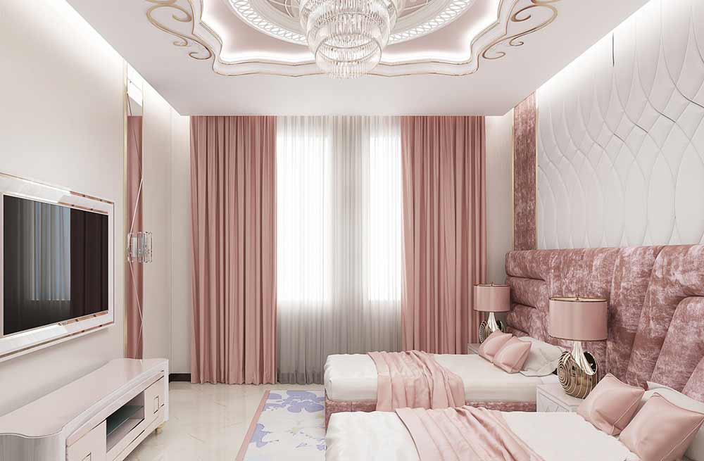 Rèm vải hai lớp hồng phấn cho phòng khách sạn