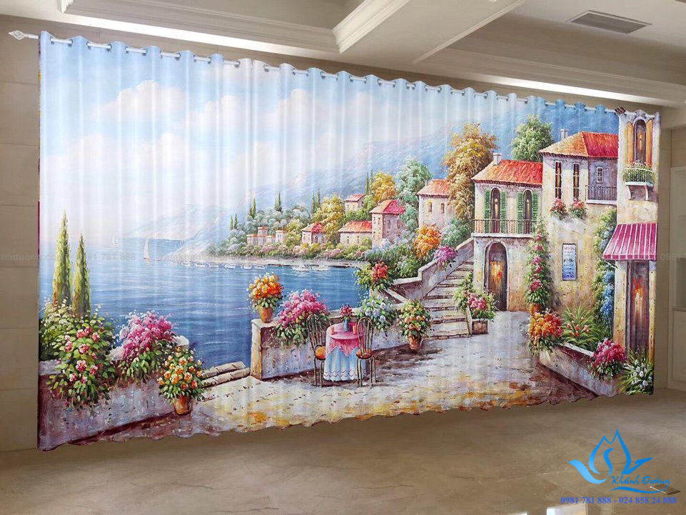 Rèm vải in tranh 3D RT17 có hình ảnh lâu đài dành cho bé