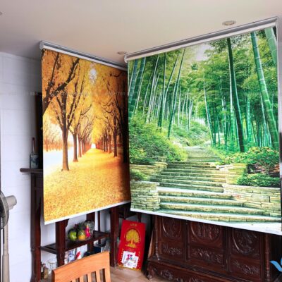 Rèm cuốn tranh che bàn thờ họa tiết phòng cảnh tại Trường Chinh