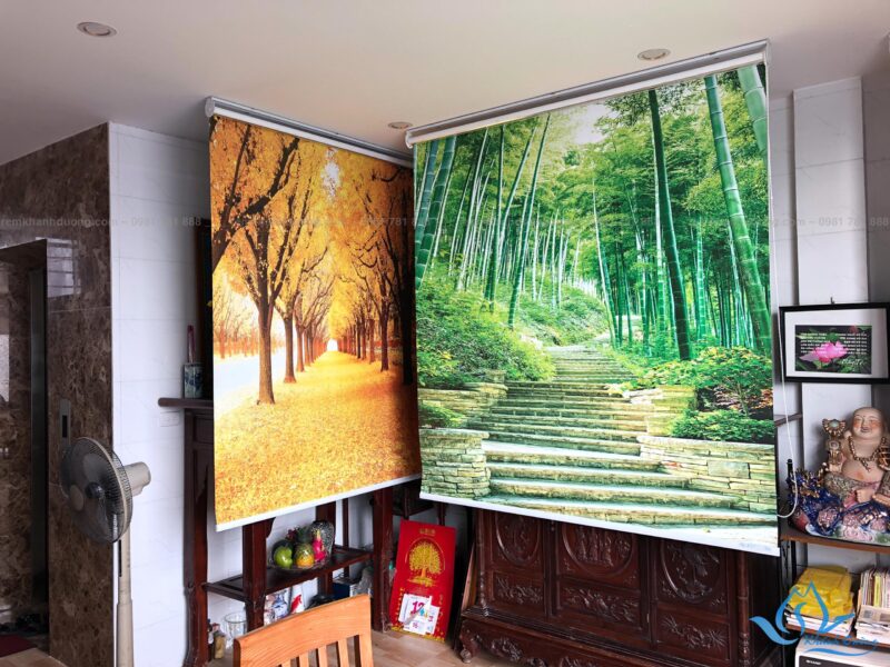 Rèm cuốn tranh che bàn thờ họa tiết phòng cảnh tại Trường Chinh