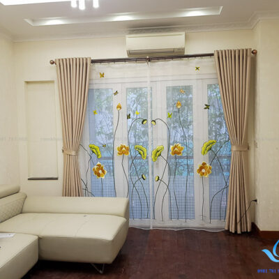 Rèm voan thêu tay hoa sen cao cấp đẹp tại Âu Cơ, Tây Hồ